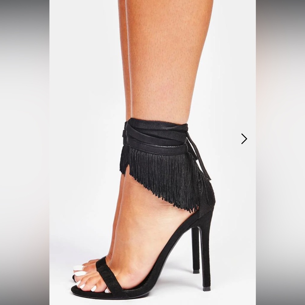 Black Fringe Ankle Wrap Sandals